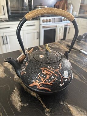 Black Cast Iron Teapot with Copper Floral Bird Design and Wrapped Handle
